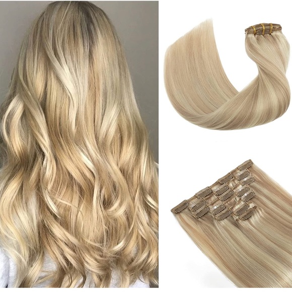 Other - 22” Light to Golden Blonde Weft Clip in 100% Human Hair Extensions 7pc 120g #56
